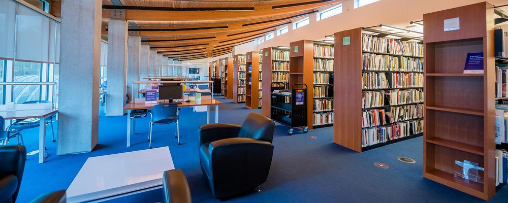 Modern library with blue carpet, wooden shelves, computers, seating, and large windows.
