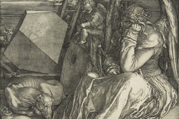 Winged figure with crown, symbols, polyhedron, ladder, dog, cherubic child with compass.