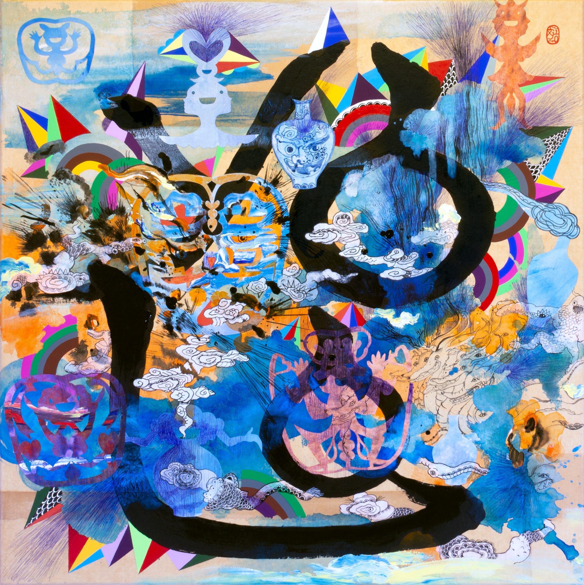 Jiha Moon, Mujigae yolo, 2018, 30 x 30 in., Ink and acrylic on Hanji paper mounted on canvas, Courtesy of the artist and Mindy Solomon Gallery.