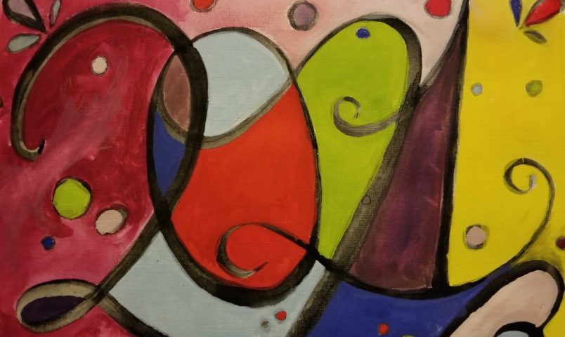 Abstract painting with vibrant colors, swirling shapes, curving lines, and a pink-purple background.