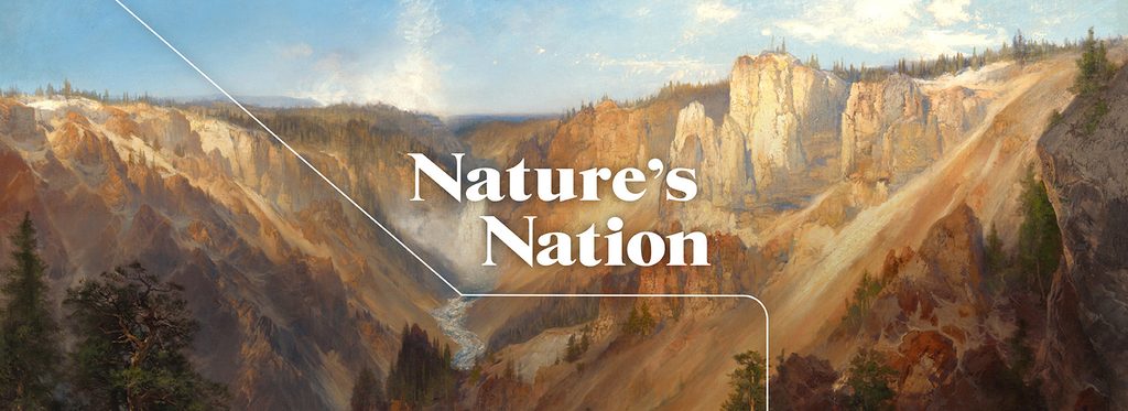 Digital artwork of a canyon landscape with cliffs, river, pine trees, and text 