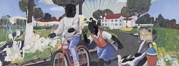 Children playing in suburbia; one bikes, another runs, with dog and house in background.