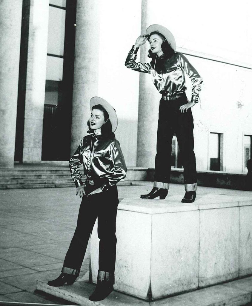 Pat and Priscilla Emery in Levi Strauss jeans and Western shirts at the All American Fashion Show in Paris, 1947. Levi Strauss & Co. Archives