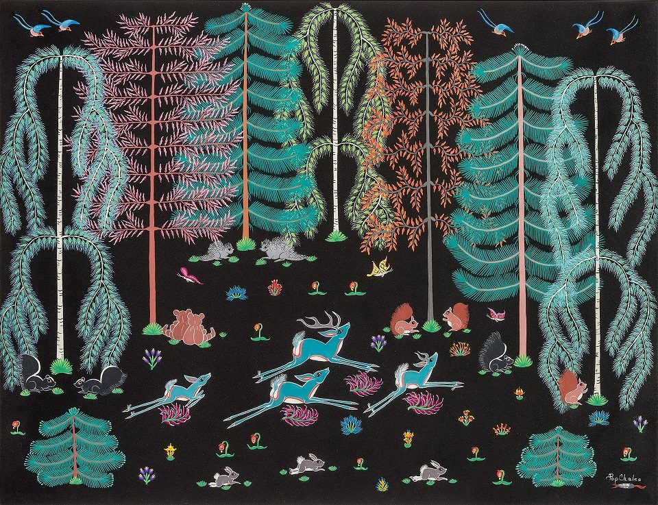 Colorful forest illustration with detailed trees, deer, rabbits, birds, and vibrant wildlife.