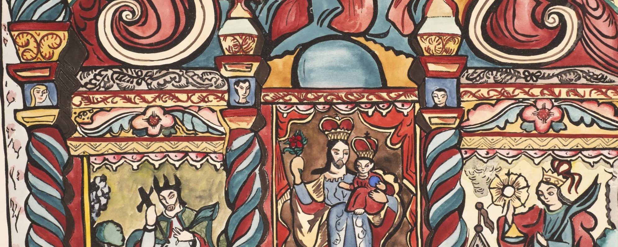 Colorful religious scene with crowned figures, ornate patterns, floral designs, and columns.