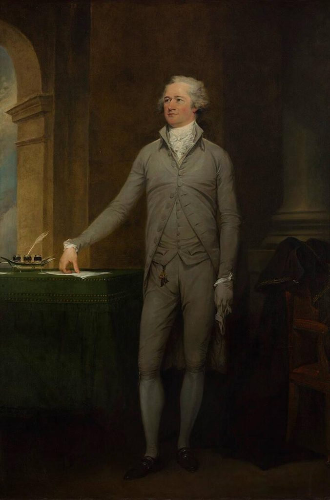 Hamilton stands in the center of the portrait, his hand pressed on a piece of paper on a table