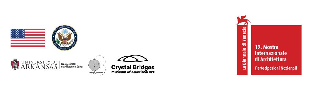 U.S. flag and logos for State Dept., University of Arkansas, Crystal Bridges; Venice Biennale banner.