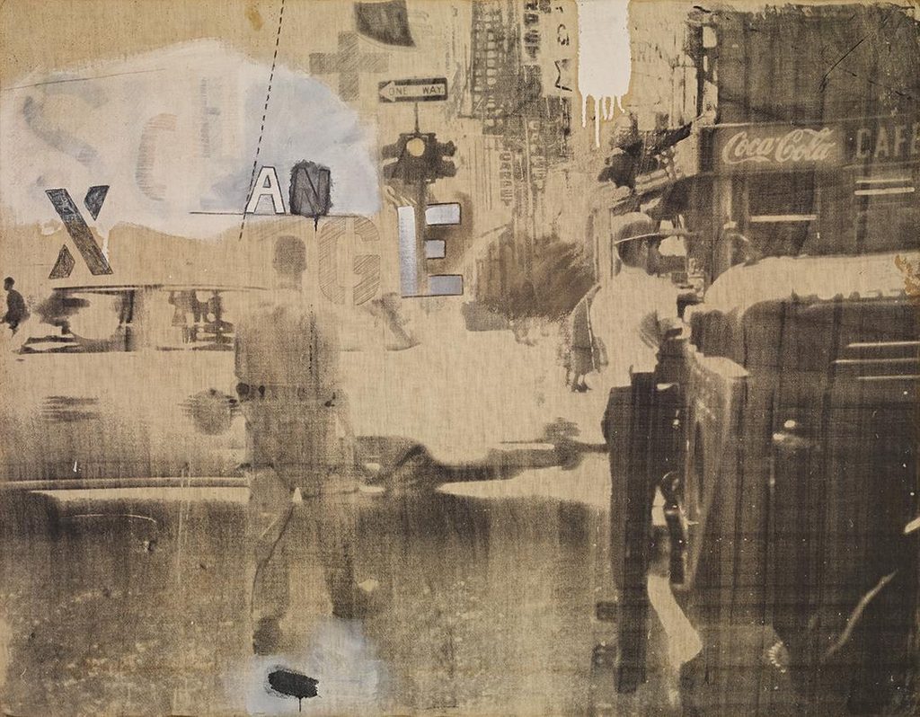 Sepia-toned abstract collage of street scene with a man, vehicles, signs, and the word 