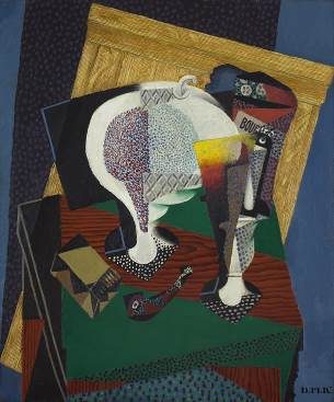 Abstract still life with geometric shapes, bold colors, depicting vase, bottle on a table.