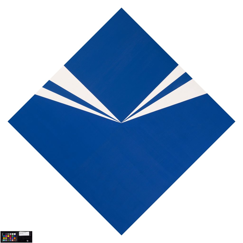 Abstract geometric design with blue areas and angular white shapes on a diamond canvas