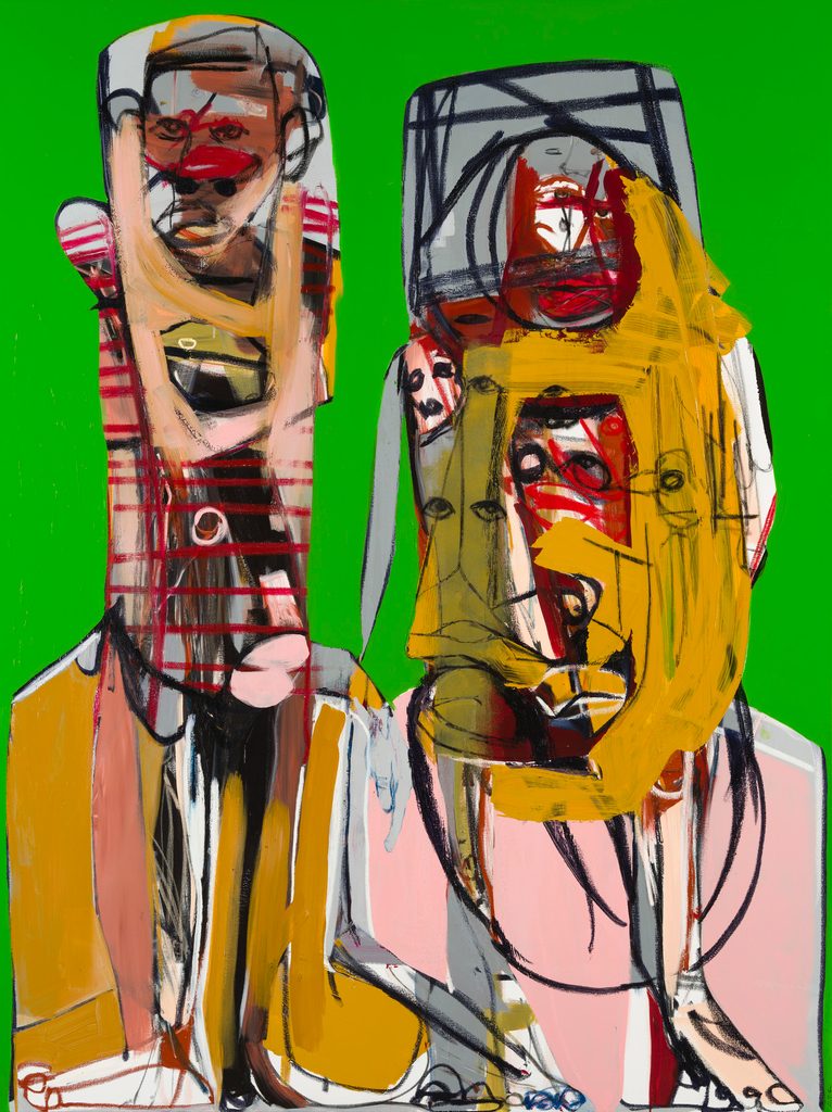 Genesis Tramaine, Evidence of Grace, 2020, acrylic, gouache, oil stick, and oil pastel on canvas, and Yahweh!, 96 in. × 72 in. × 2 1/2 in. (243.8 × 182.9 × 6.4 cm), Crystal Bridges Museum of American Art, Bentonville, Arkansas, Gift of Sarah Simmons, 2021.22. Photography by Edward C. Robison III.