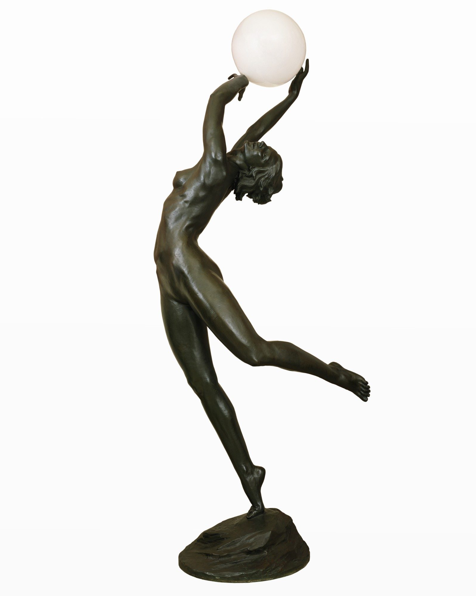 Bronze nude figure balances on one foot, reaching up to hold a glowing spherical light.