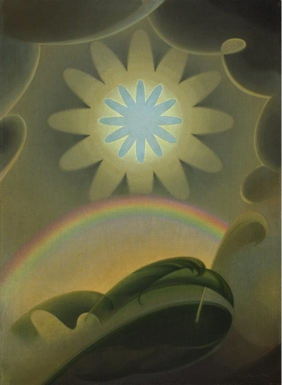 Abstract landscape with a glowing flower, arched rainbow, and green leaf shapes below.
