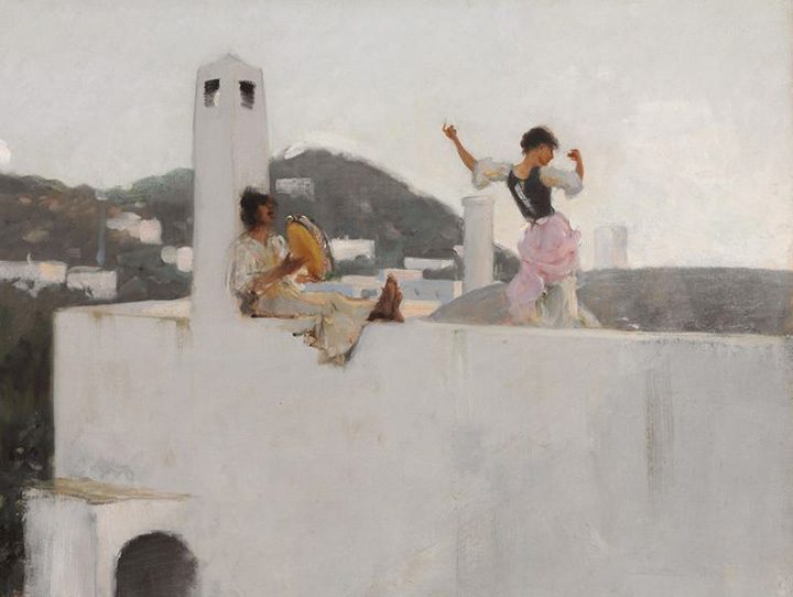Man playing tambourine, woman dancing on rooftop, hilly landscape, clear sky in background.
