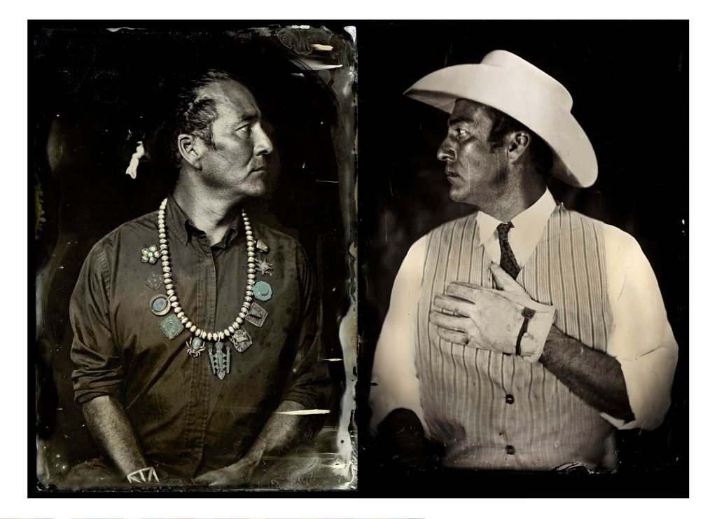 Two men in profile; one with traditional jewelry, the other in a cowboy hat and vest.