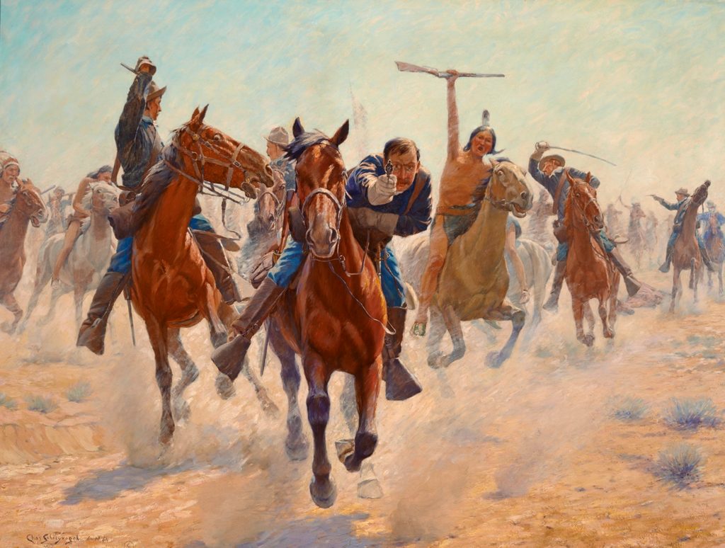 Group of Calvary men and Native Americans on horseback fighting
