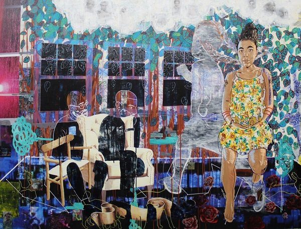 Jordan Seaberry, Blueberry (The Right to Self), 2019, acrylic and mixed media on canvas, 50 in. × 82 in. × 1/4 in. (127 × 208.3 × 0.6 cm), courtesy of the artist and Steven Zevitas Gallery.