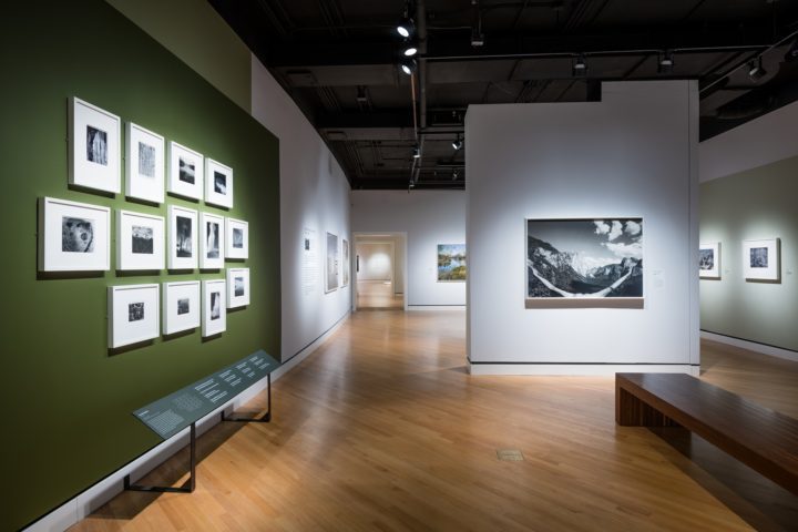 Modern gallery with lit photographs on walls, wooden floor, and bench for seating.