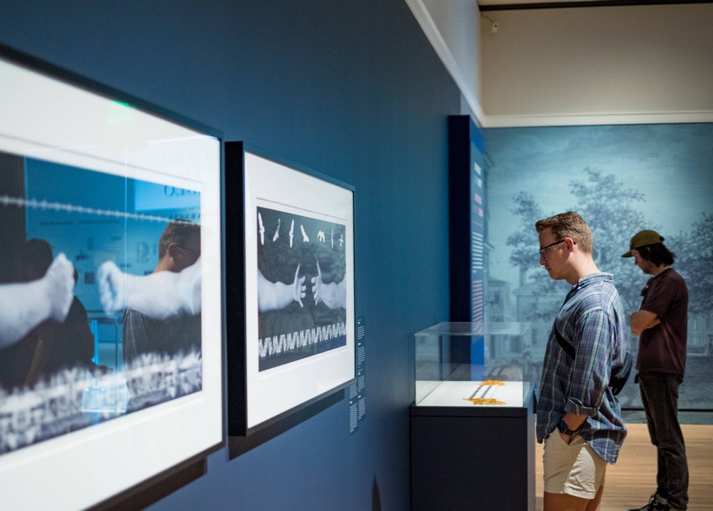 a person in a gallery stares at photograph works on a gallery wall from a side angle