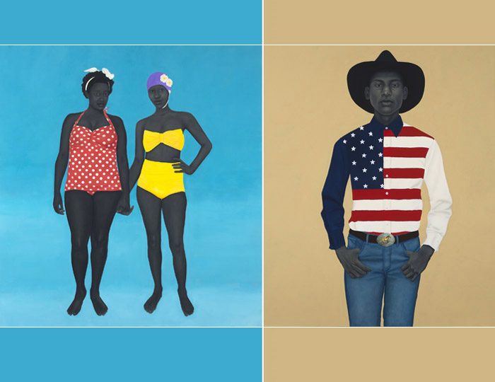 Two figures in swimsuits on blue; another in flag shirt, jeans, and hat on beige background.