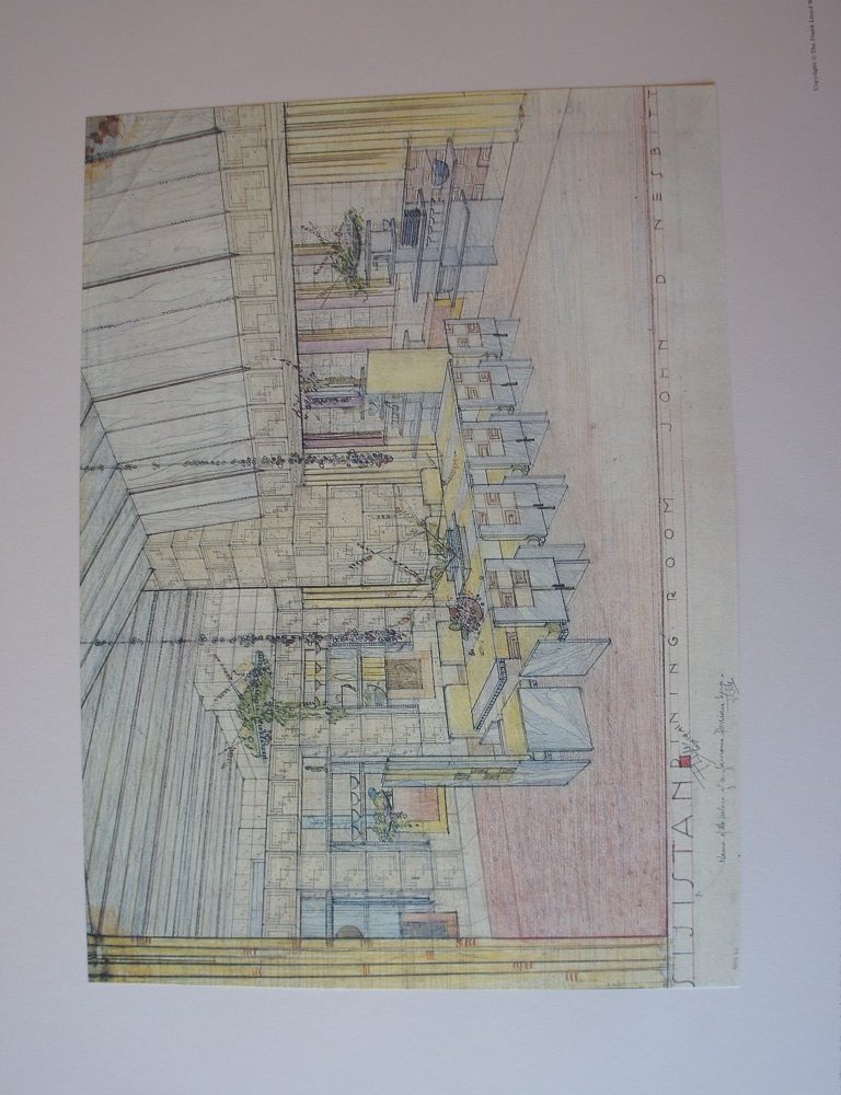 Detailed architectural sketch of a colorful dining room interior design with geometric patterns.