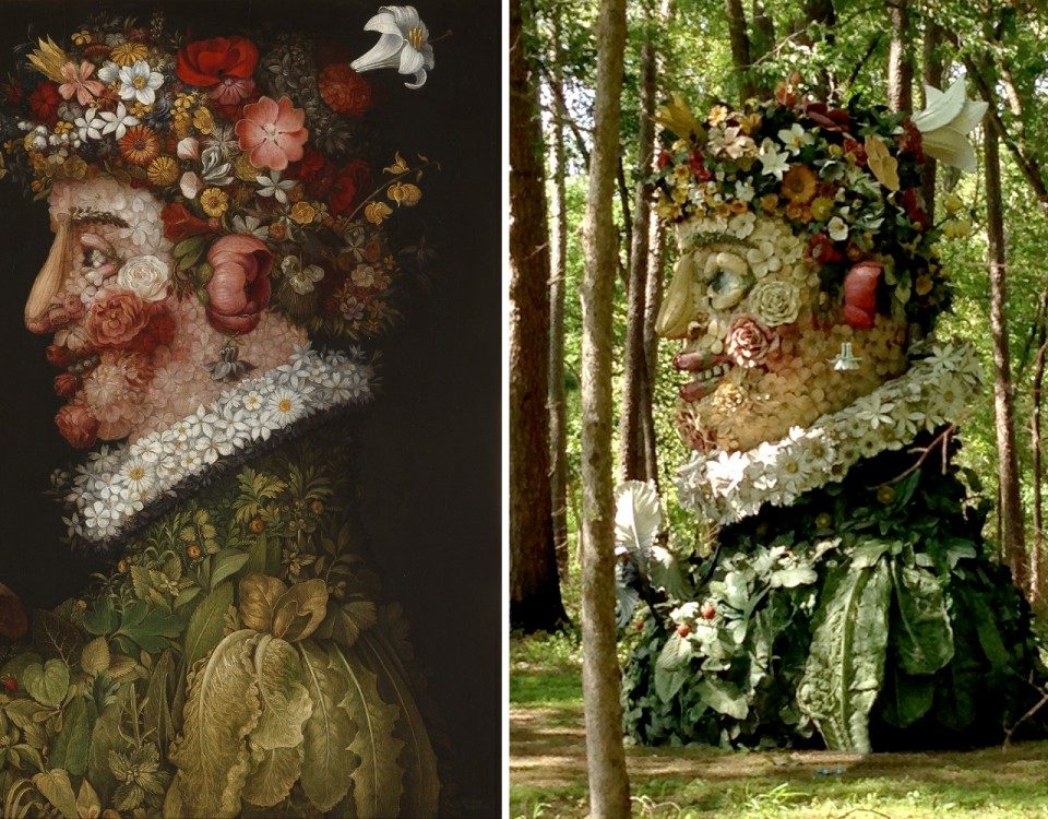 Artistic profiles made of flowers; painting left, outdoor sculpture right, in a forest setting.