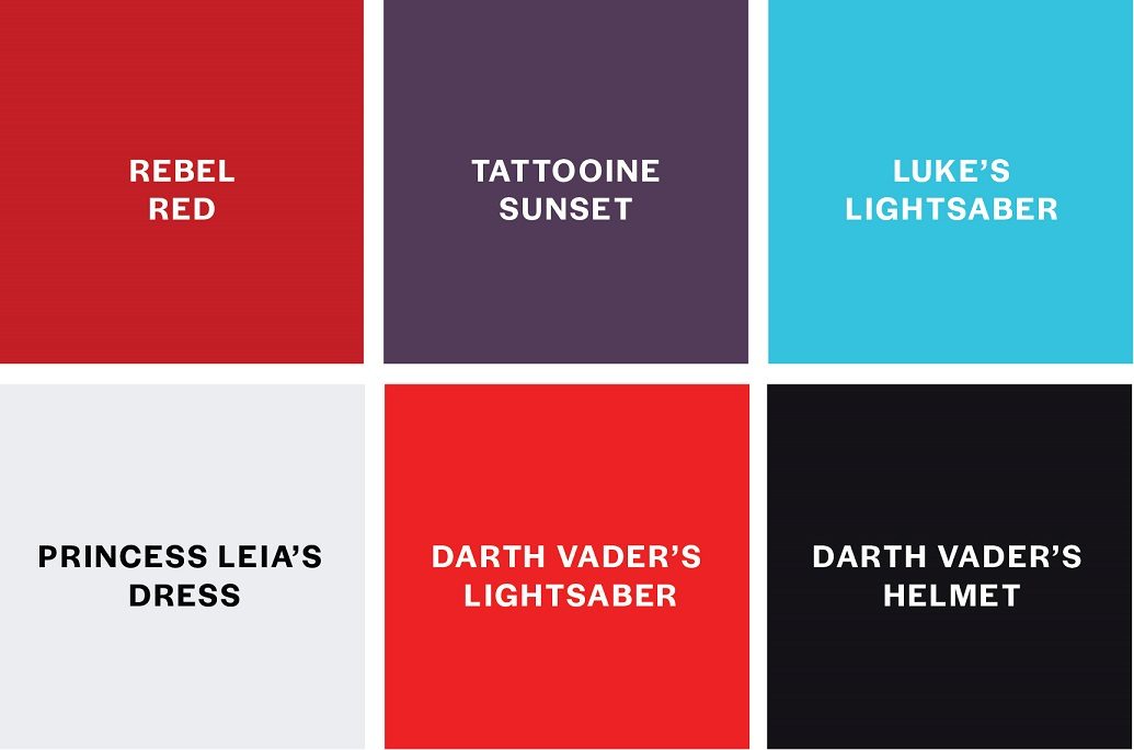 Rebel Red, Tatooine Sunset, Luke's Lightsaber, Leia's Dress, Vader's items.