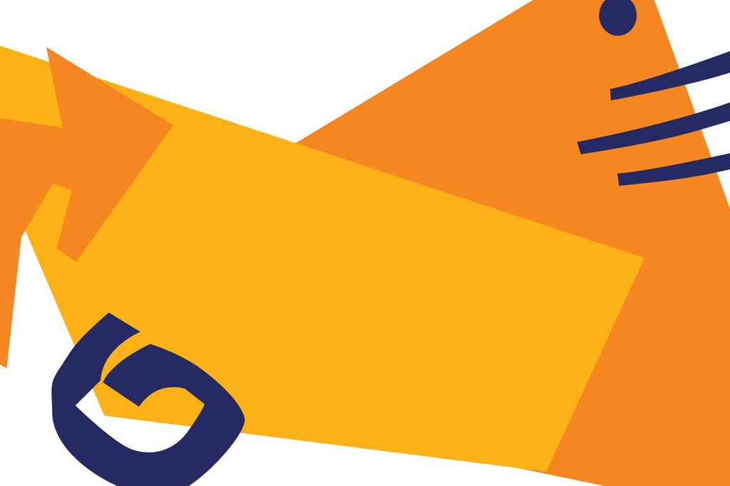 Abstract design with orange, yellow, and dark blue shapes, large arrow, on white background.