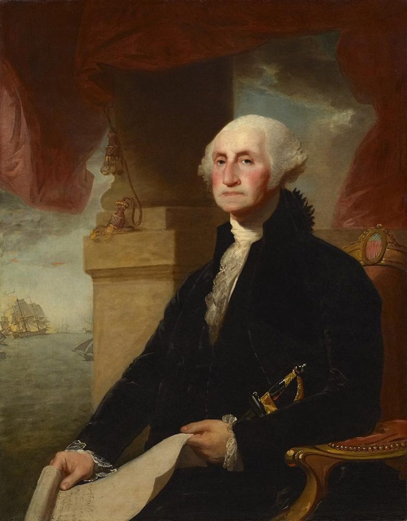 White-haired man in formal attire sits in ornate chair with document, ships visible behind curtain.