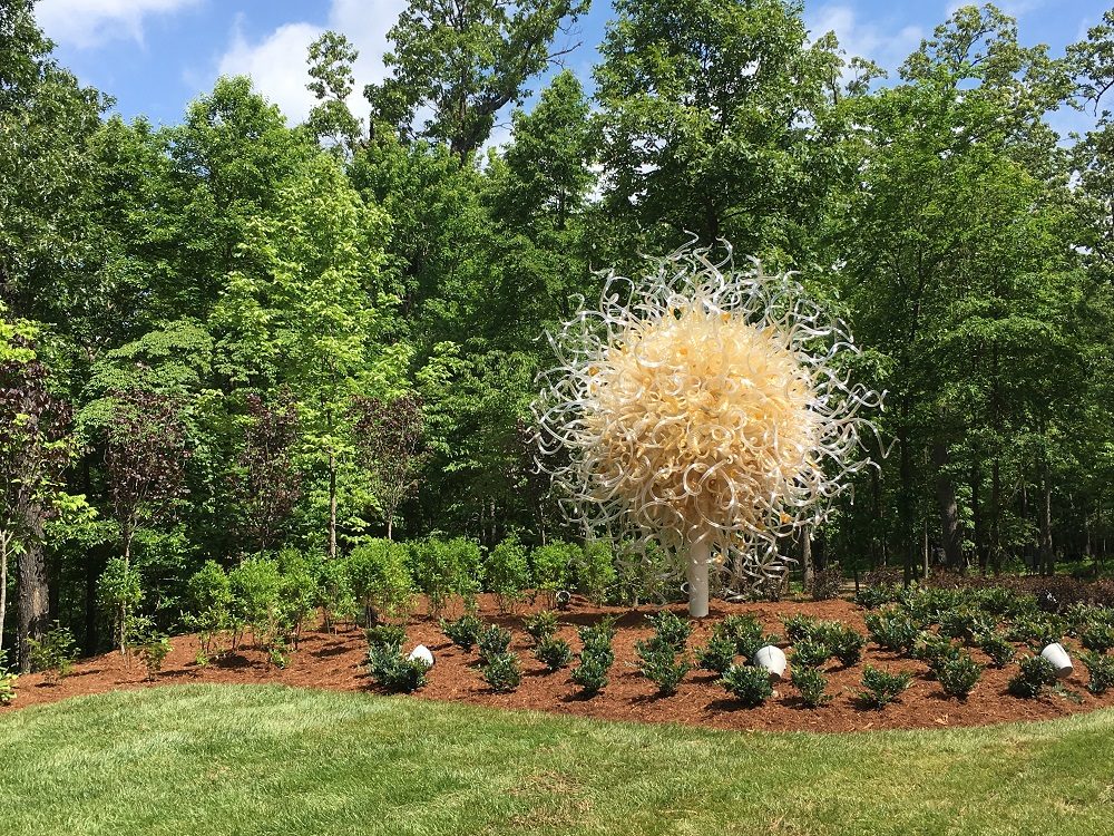 Intricate glass sculpture resembling a dandelion amid landscaped greenery and forest.