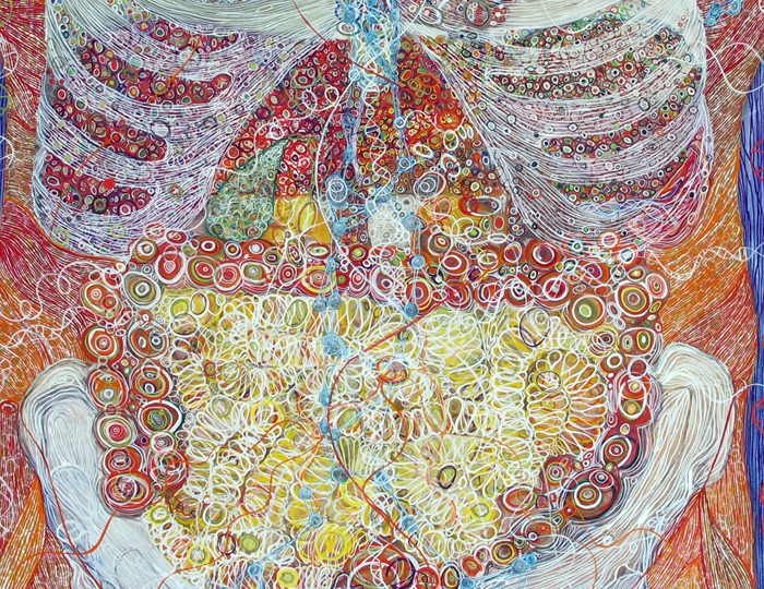 Colorful abstract artwork with intricate patterns, swirling lines, resembling ribs and organs.