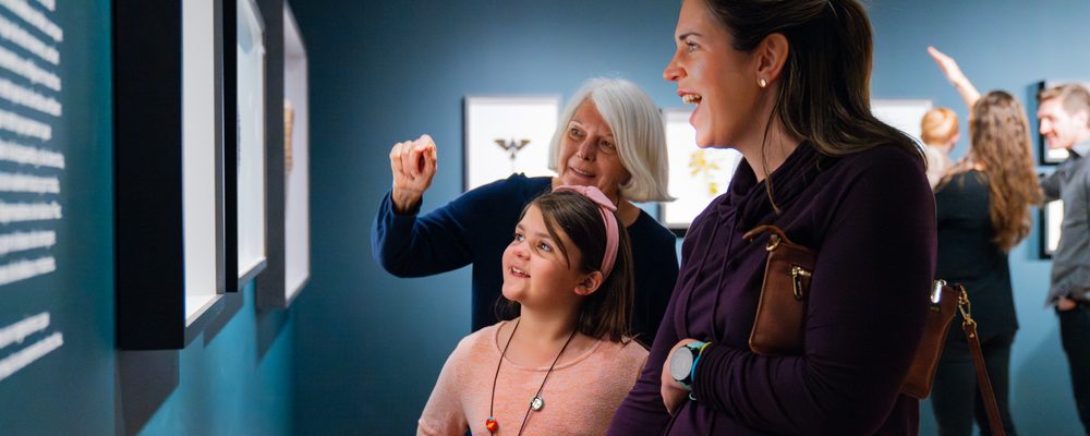 People in an art gallery viewing framed artwork on the wall, with others in the background.