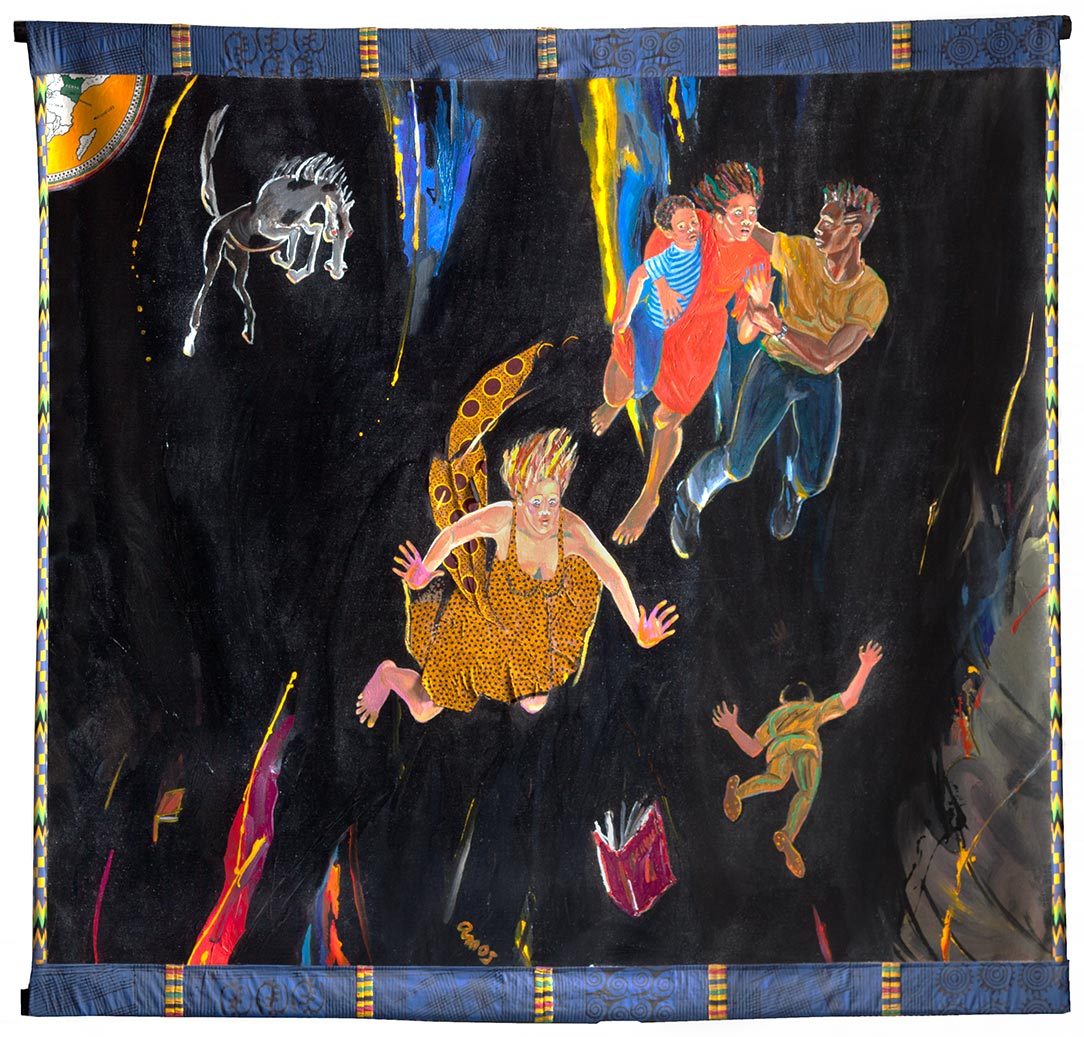 Artwork of people falling in space