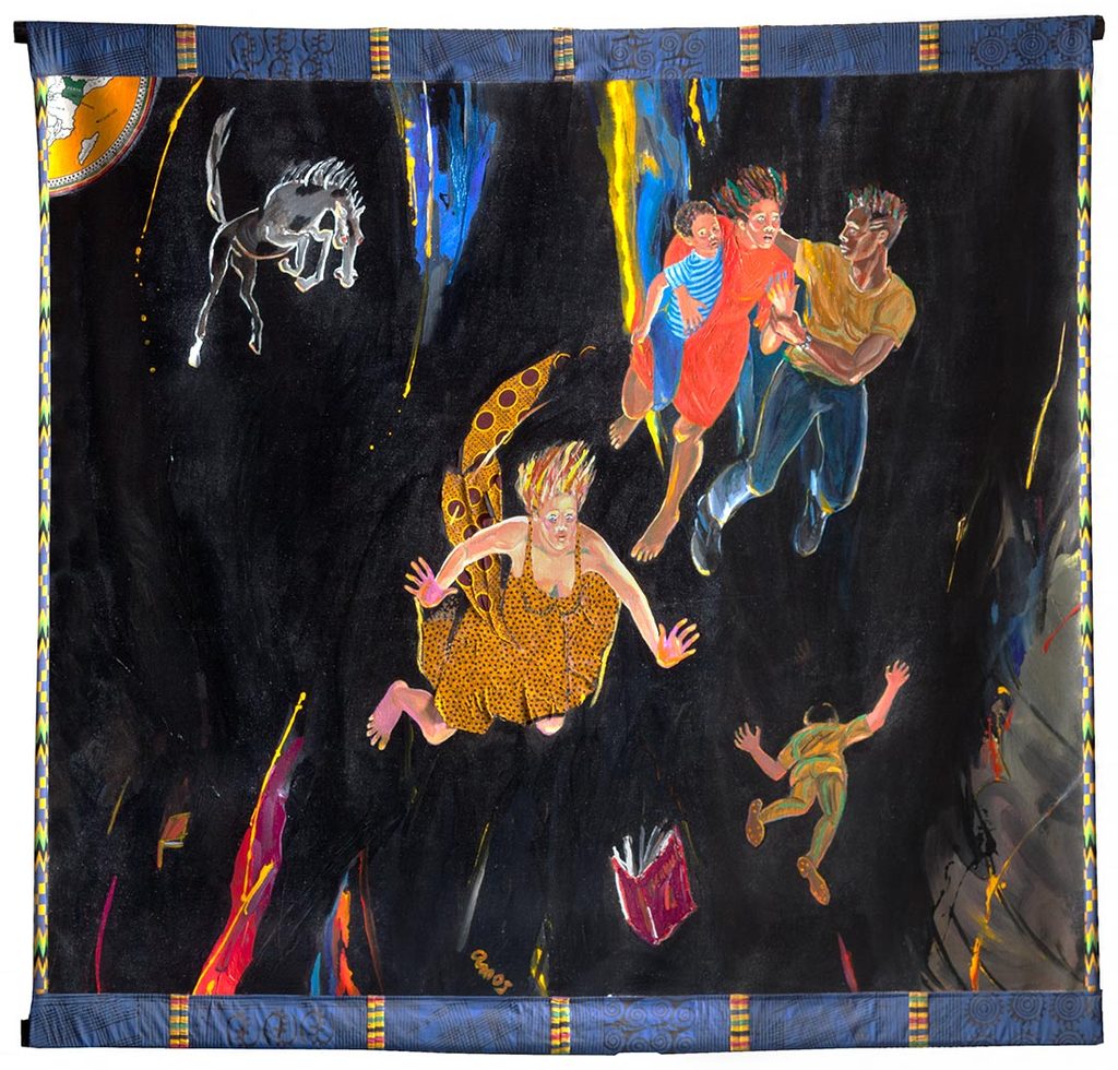 Artwork of people falling in space