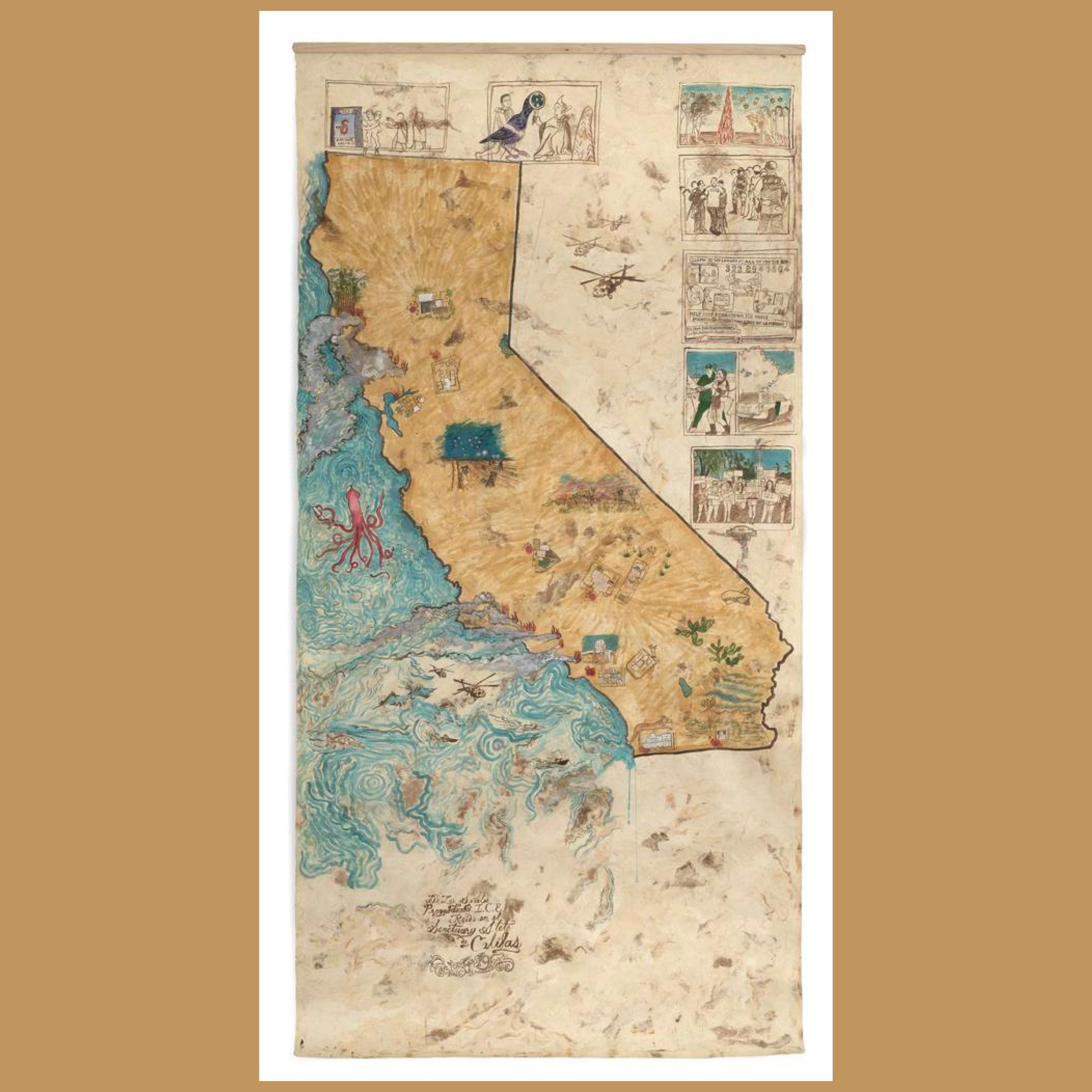 Artistic map of California with whimsical illustrations and landmarks, featuring an octopus at sea.