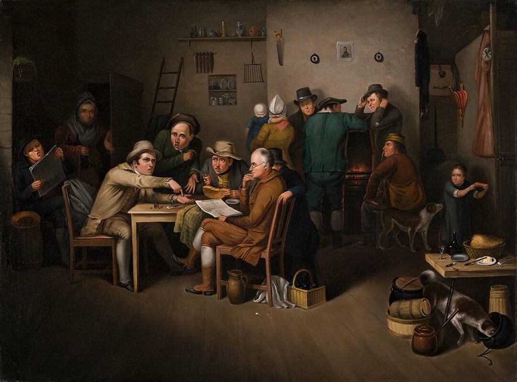 nineteenth-century painting of a tavern scene where people animatedly talk with one another, some standing, some sitting at a table