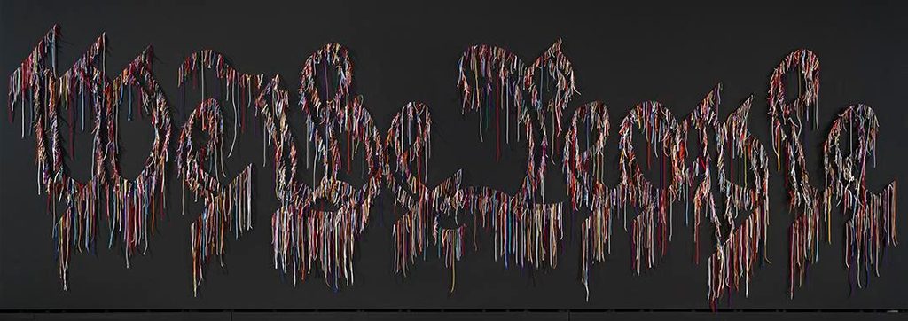 Colorful woven strands form a pattern against a dark background in an artistic design.