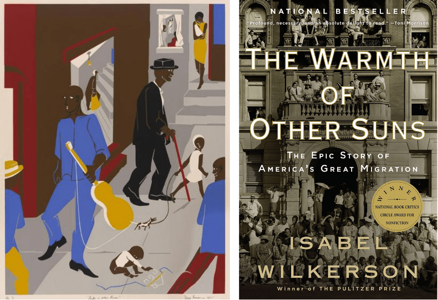 Illustration of street activities and a bestselling book cover of 