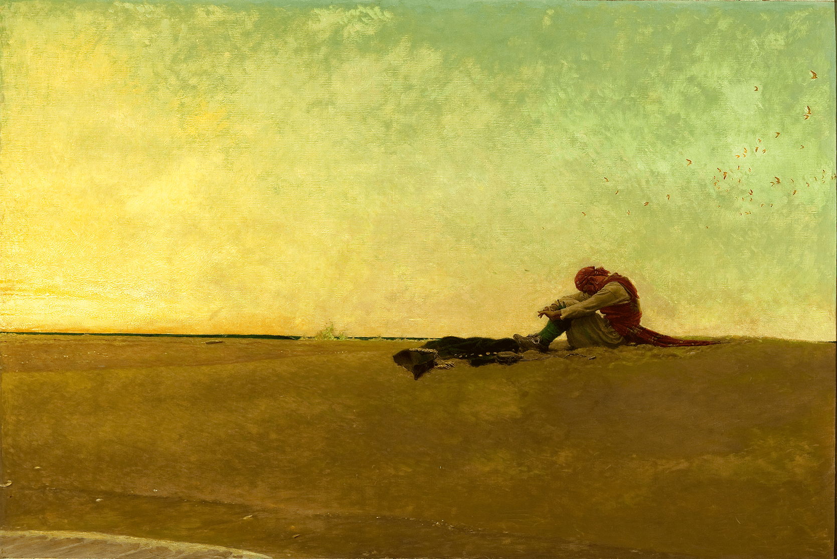 painting of a pirate sitting in the sand with his head lowered