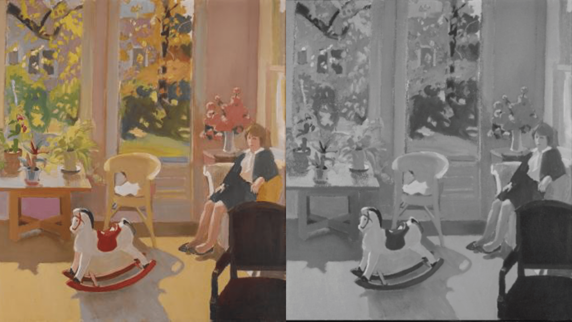 Split image with a child in a colorful room and its grayscale version, featuring plants and a rocking horse.