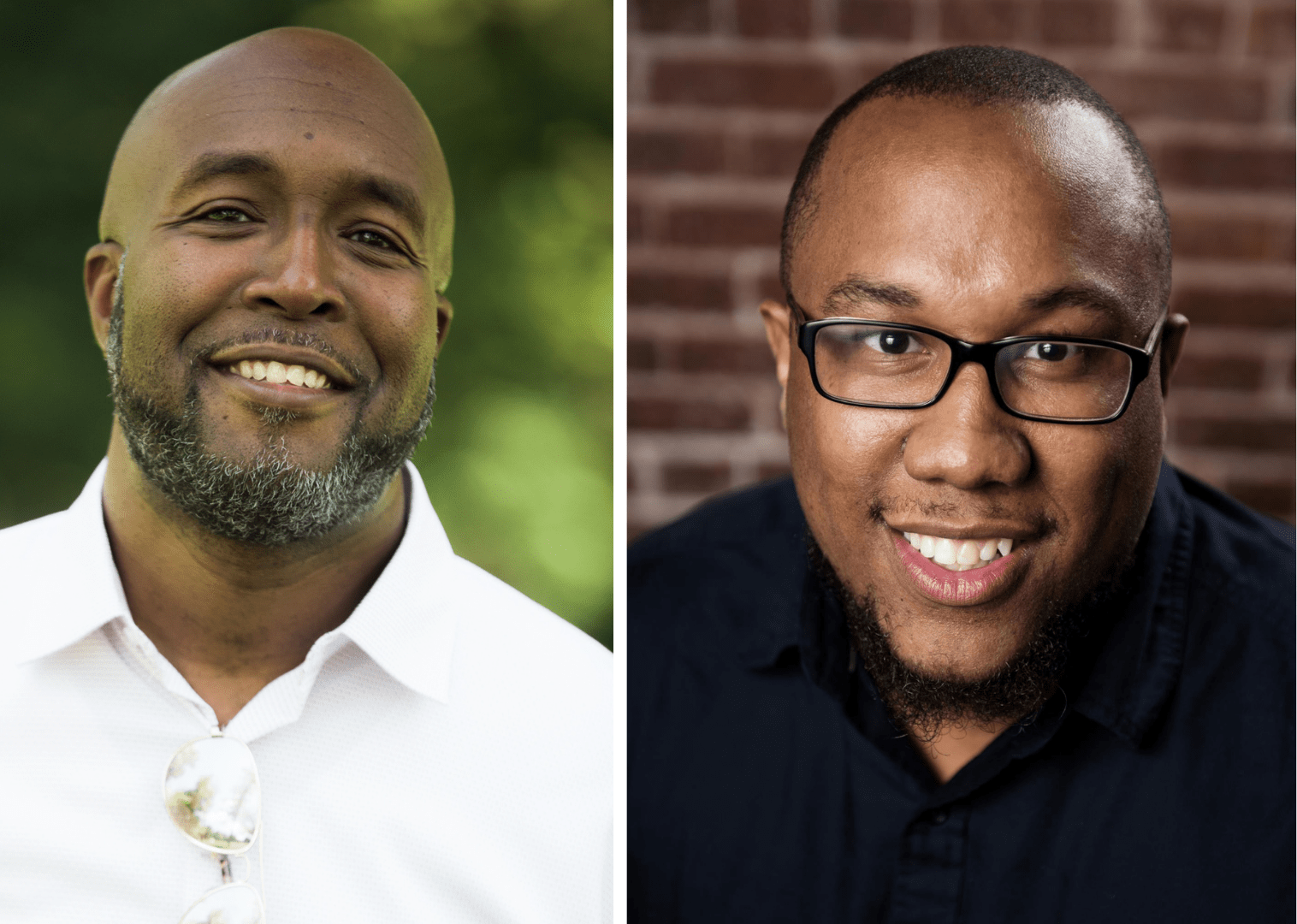 Two smiling men in separate portraits; one outdoors, one indoors with a brick wall background.