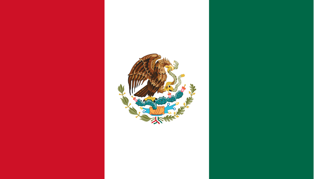 Flag of Mexico with vertical green, white, red stripes and central eagle emblem on cactus holding a snake.