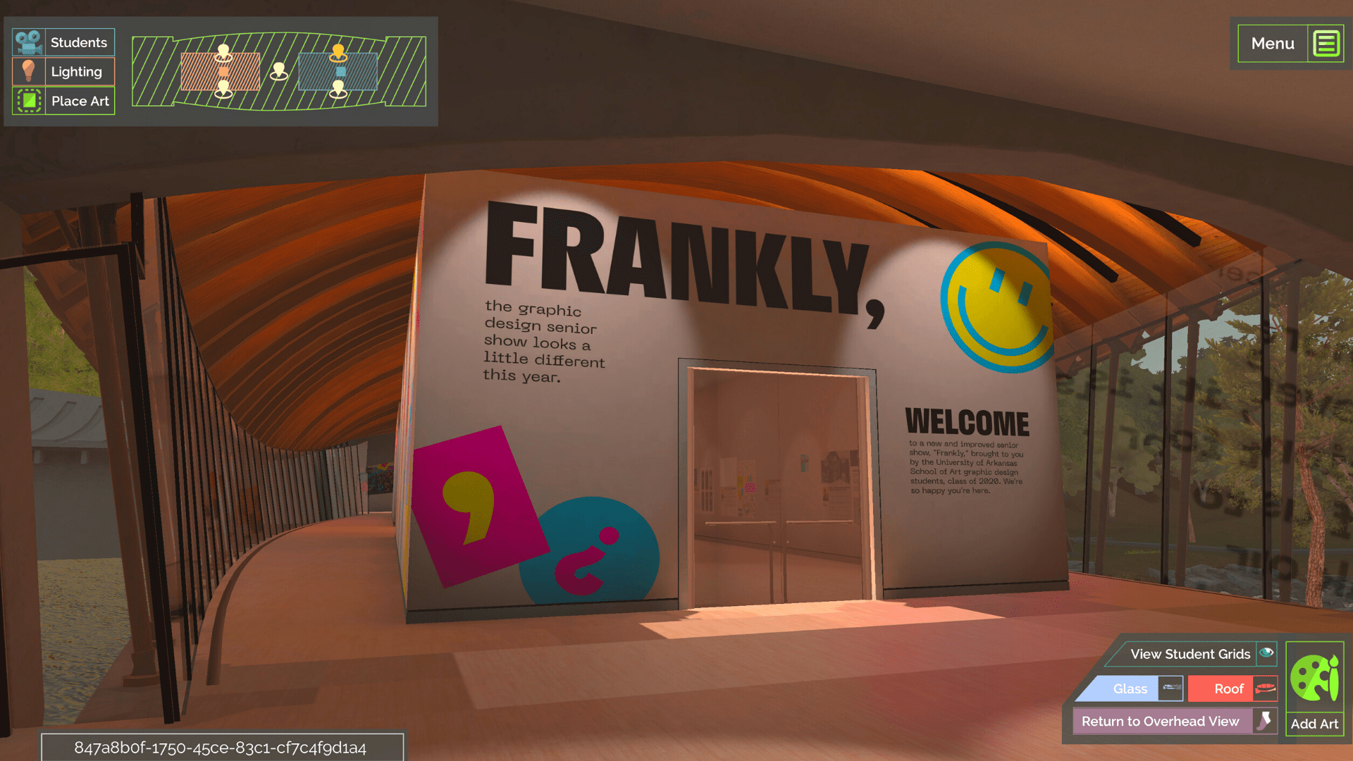 Curved hallway with glass windows leads to graphic design senior show entrance with bold signage.