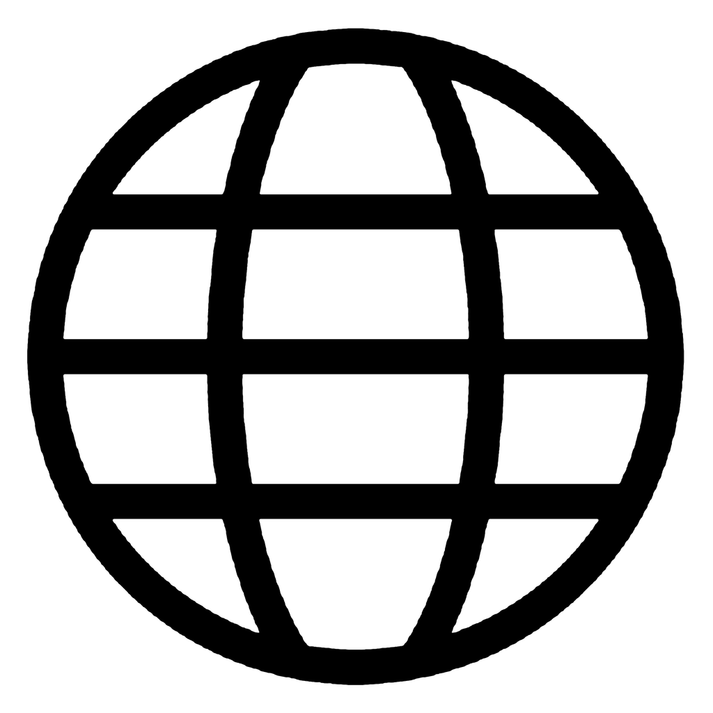 Black outline of a globe with grid lines resembling a simple world map icon.