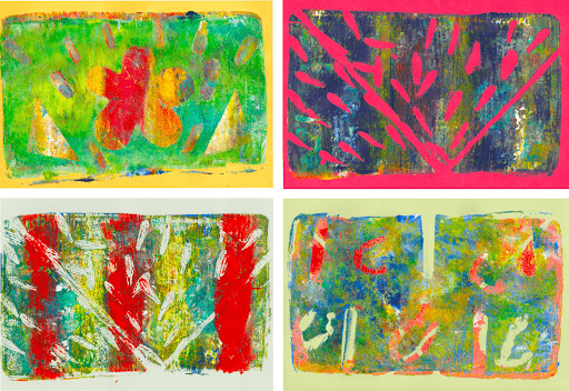 Abstract paintings with vibrant colors and diverse shapes including flowers and geometric patterns