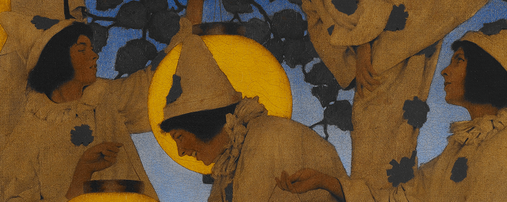 Three costumed figures with pointed hats by large yellow lanterns, surrounded by dark foliage.