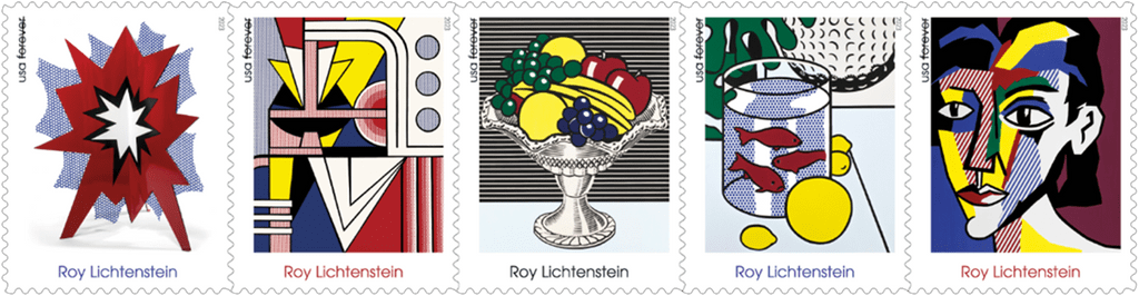 Roy Lichtenstein's stamps for the US Postal Service, designed by USPS art director Derry Noyes, feature the 1965 sculpture Standing Explosion (Red) from the Crystal Bridges Museum of American Art in Bentonville, Arkansas; the 1966 canvas Modern Painting I from the Frederick R. Weisman Art Foundation in Los Angeles; the 1972 painting Still Life With Crystal Bowl from the Whitney Museum of American Art in New York; and two paintings from private collections, Still Life With Goldfish (1972) and Portrait of a Woman (1979). USPS.