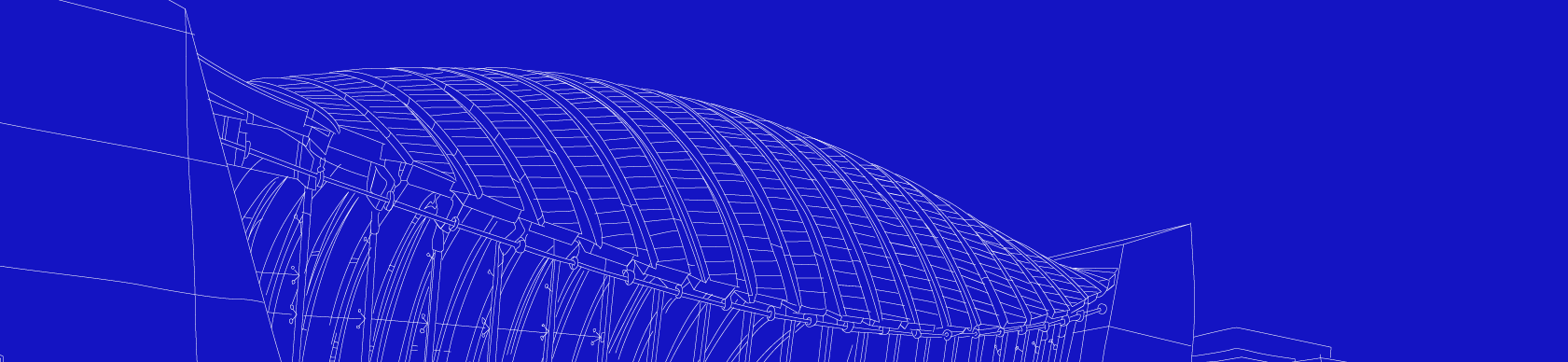 Wireframe of a curved architectural structure with grid pattern on a blue background.