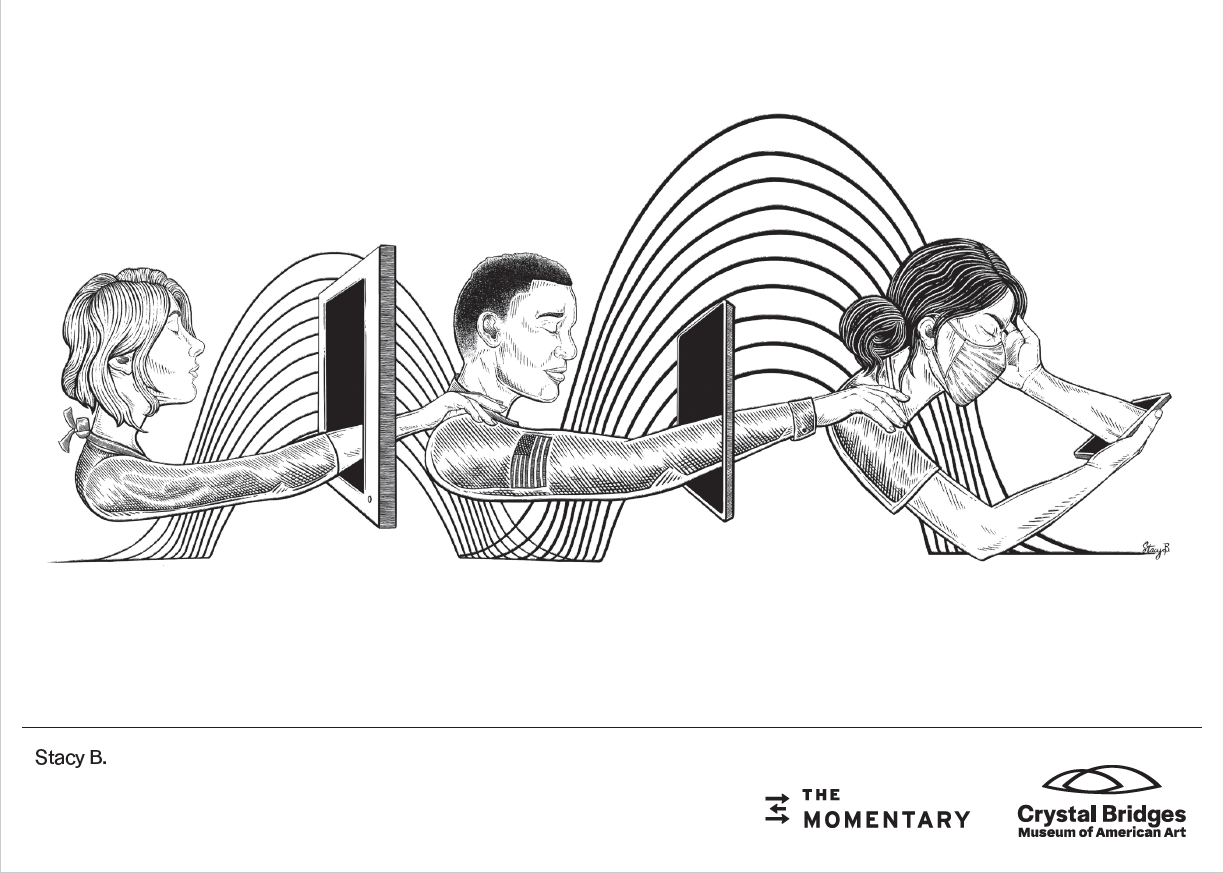 Illustration of people connecting through digital screens, arms reaching out, from Crystal Bridges Museum.