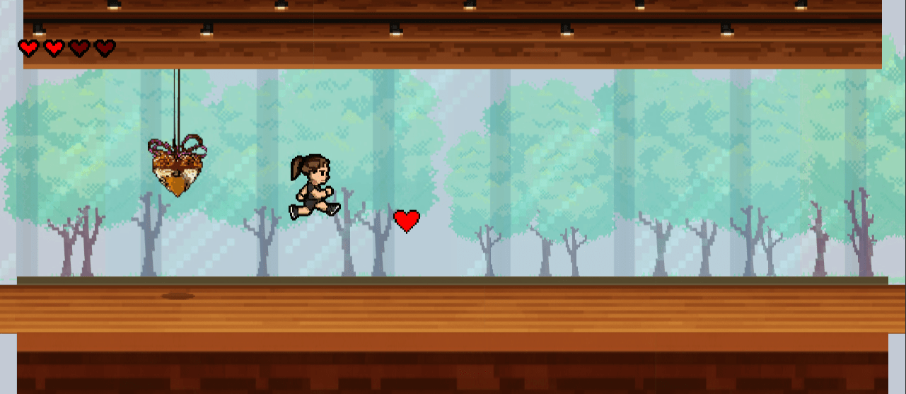 Pixel art side-scrolling game scene with character jumping towards heart collectible in forest setting.